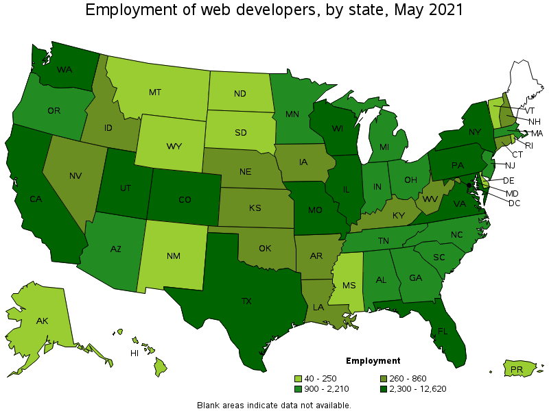 Map of employment of web developers by state, May 2021
