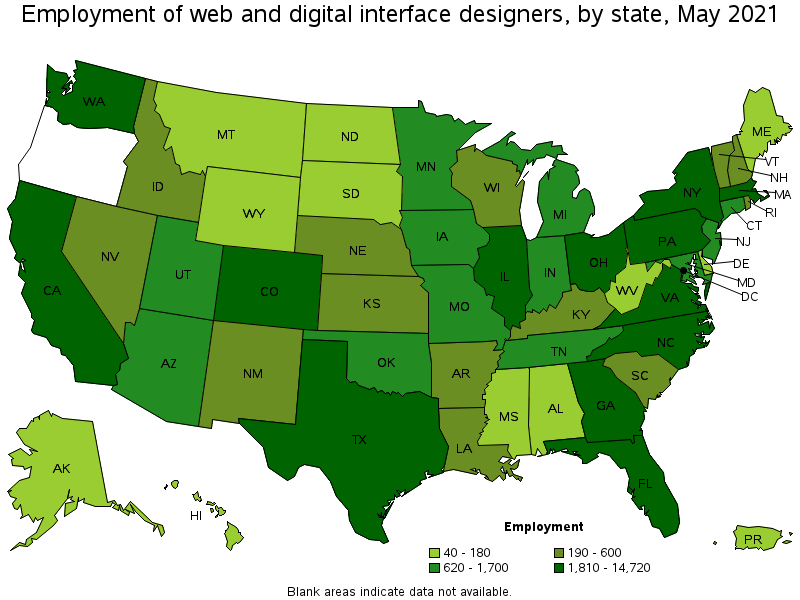 Map of employment of web and digital interface designers by state, May 2021