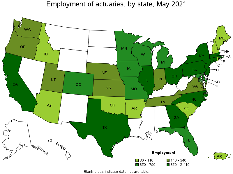 Map of employment of actuaries by state, May 2021