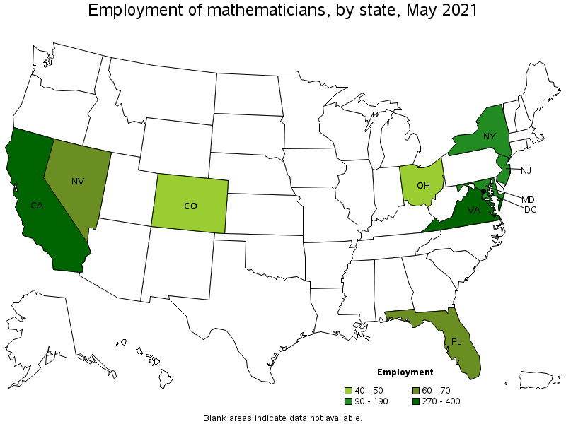 Map of employment of mathematicians by state, May 2021