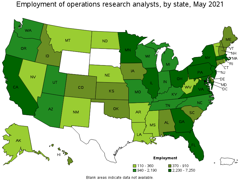 Map of employment of operations research analysts by state, May 2021