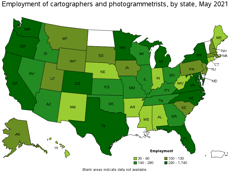 Map of employment of cartographers and photogrammetrists by state, May 2021