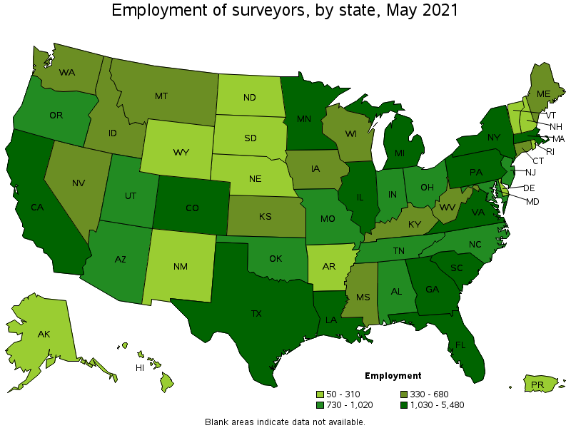 Map of employment of surveyors by state, May 2021