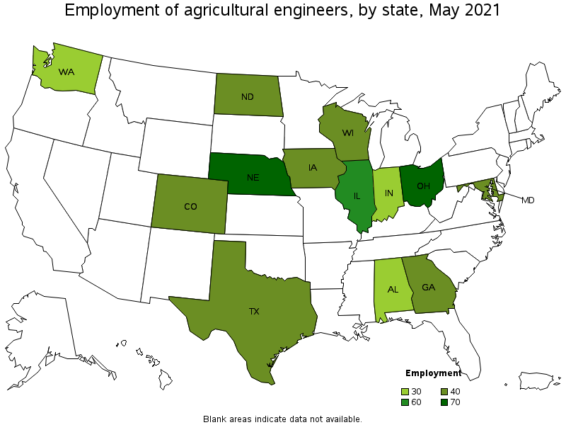 Map of employment of agricultural engineers by state, May 2021