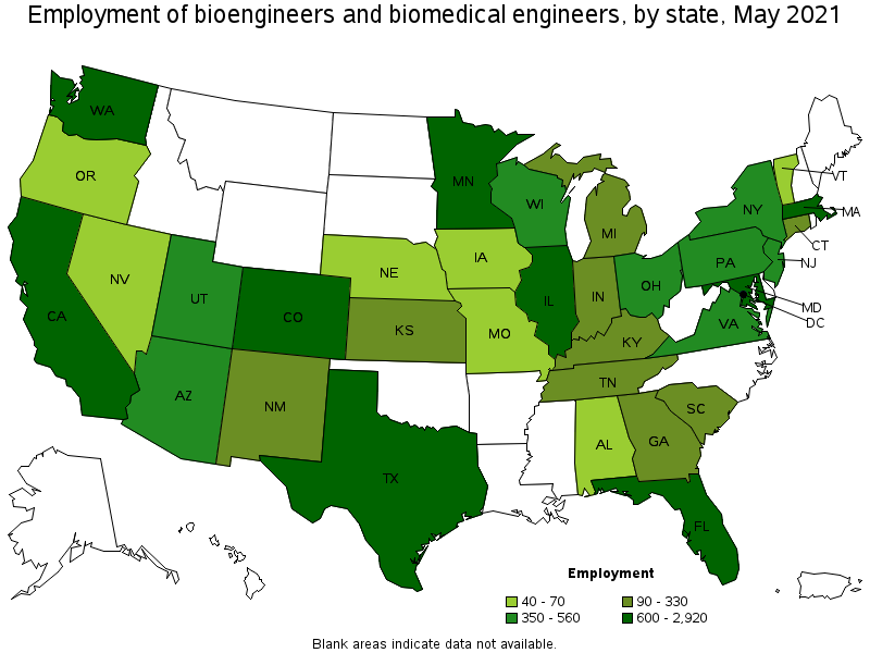 Map of employment of bioengineers and biomedical engineers by state, May 2021