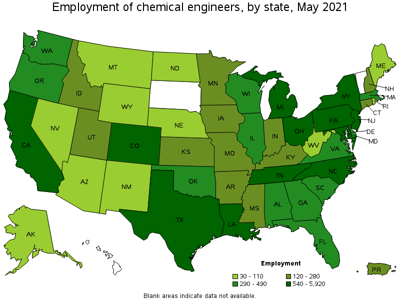 Map of employment of chemical engineers by state, May 2021