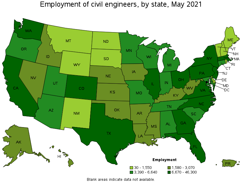 Map of employment of civil engineers by state, May 2021