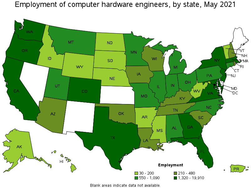 Map of employment of computer hardware engineers by state, May 2021