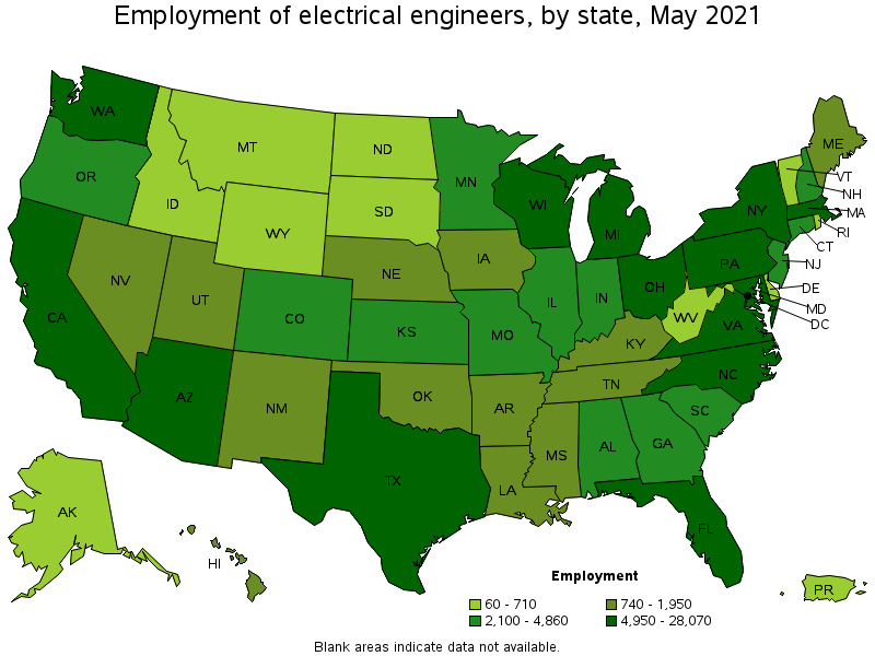 Map of employment of electrical engineers by state, May 2021