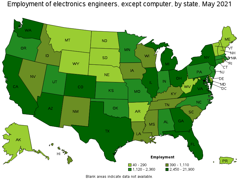 Map of employment of electronics engineers, except computer by state, May 2021