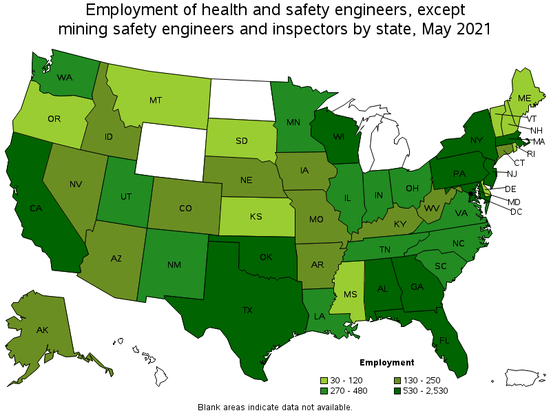 Map of employment of health and safety engineers, except mining safety engineers and inspectors by state, May 2021