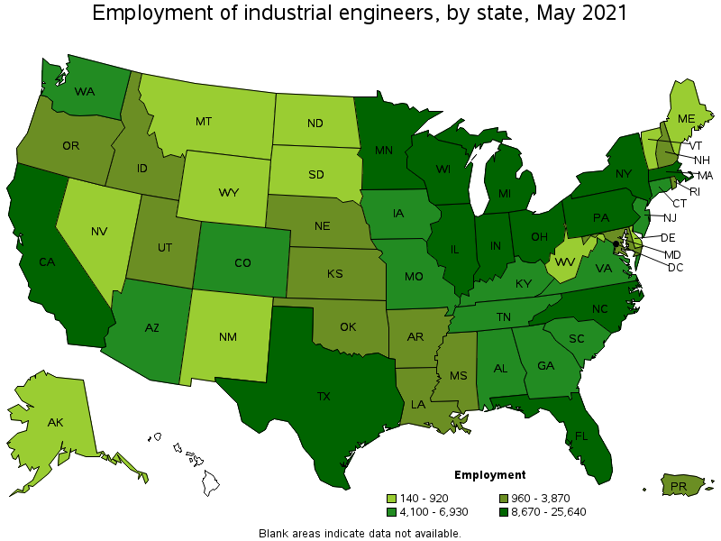 Map of employment of industrial engineers by state, May 2021