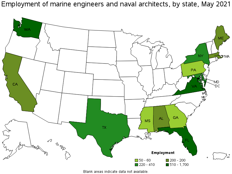 Map of employment of marine engineers and naval architects by state, May 2021