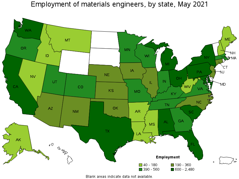 Map of employment of materials engineers by state, May 2021