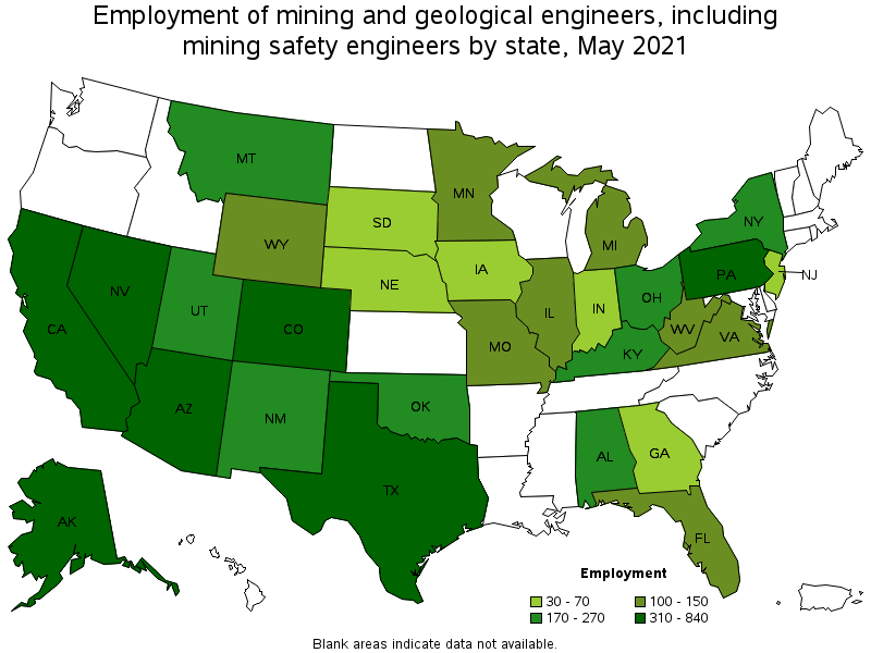 Map of employment of mining and geological engineers, including mining safety engineers by state, May 2021