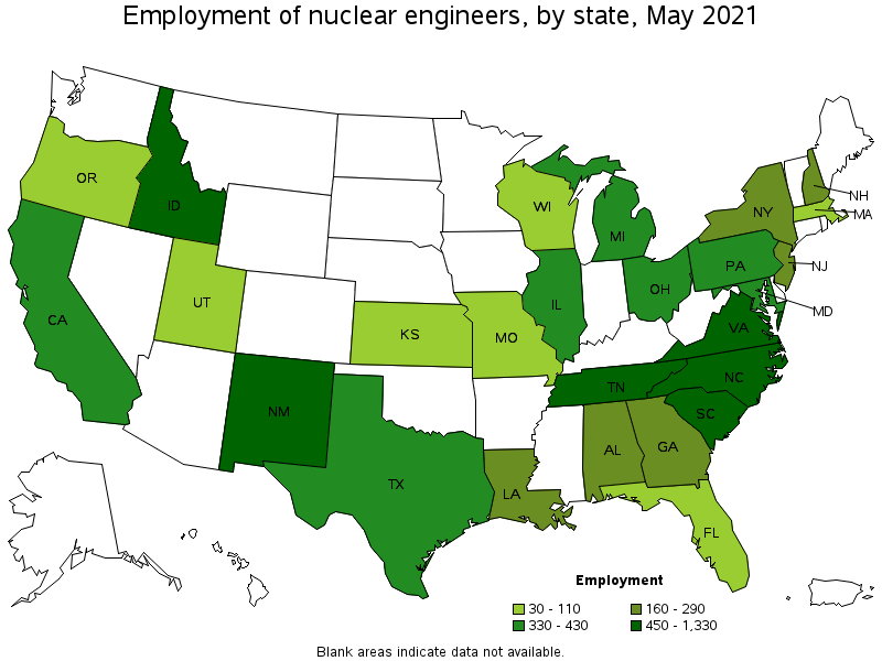 Map of employment of nuclear engineers by state, May 2021