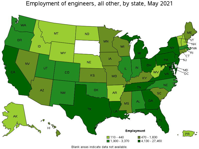 Map of employment of engineers, all other by state, May 2021
