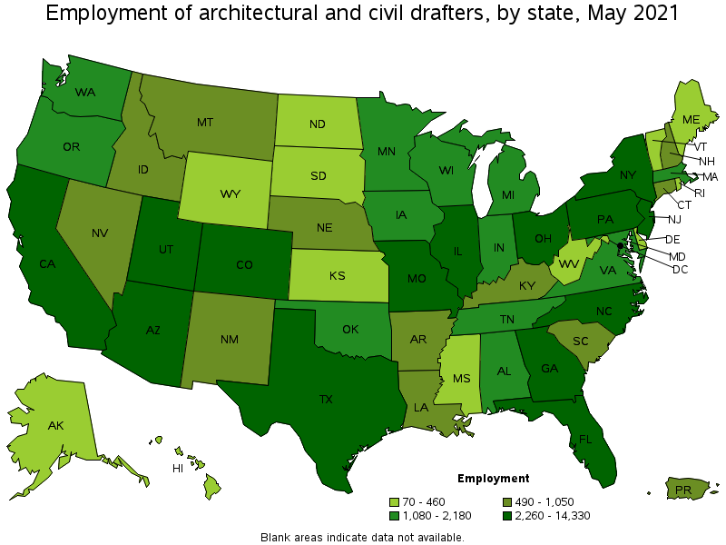 Map of employment of architectural and civil drafters by state, May 2021
