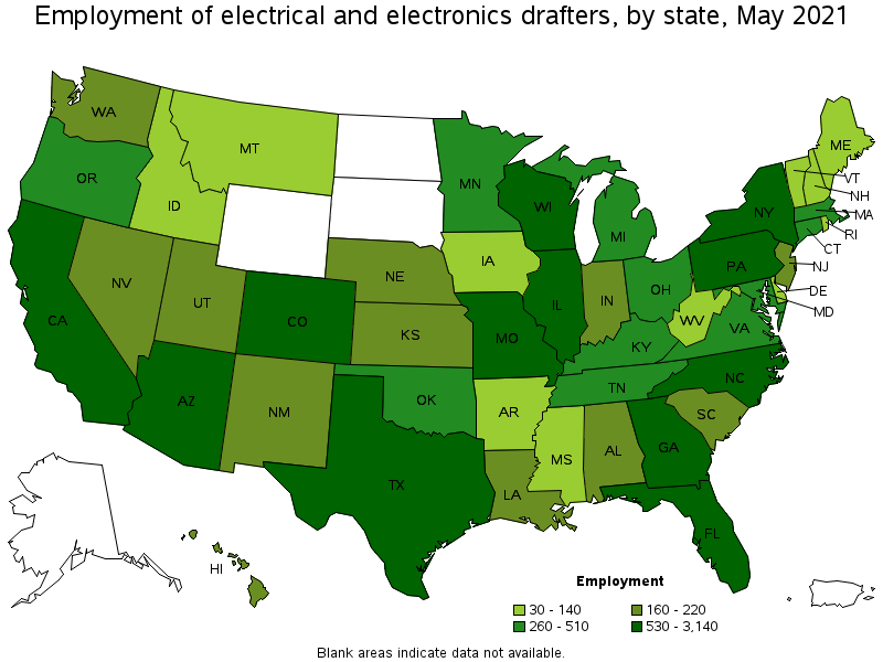 Map of employment of electrical and electronics drafters by state, May 2021