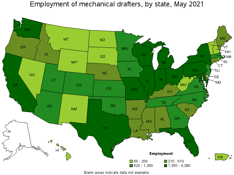 Map of employment of mechanical drafters by state, May 2021