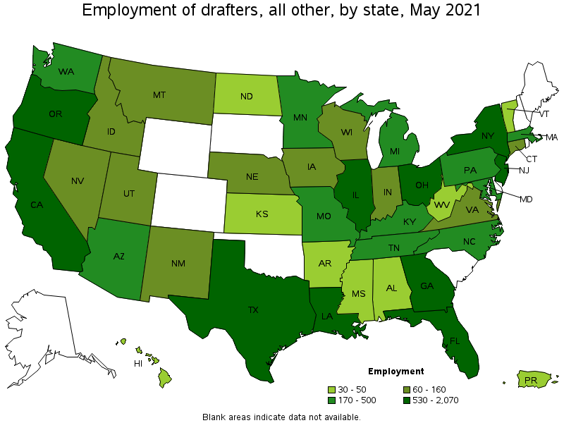 Map of employment of drafters, all other by state, May 2021