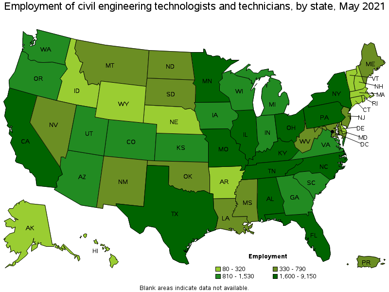 Map of employment of civil engineering technologists and technicians by state, May 2021