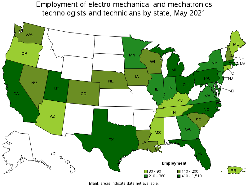 Map of employment of electro-mechanical and mechatronics technologists and technicians by state, May 2021