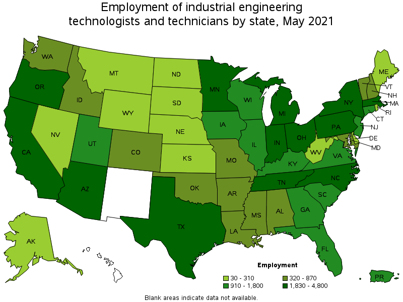 Map of employment of industrial engineering technologists and technicians by state, May 2021