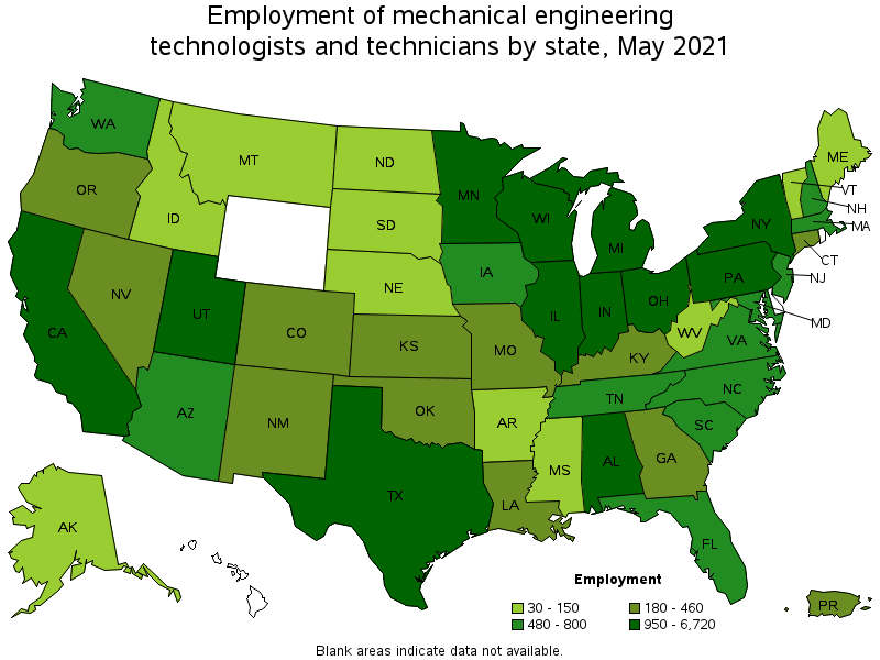 Map of employment of mechanical engineering technologists and technicians by state, May 2021