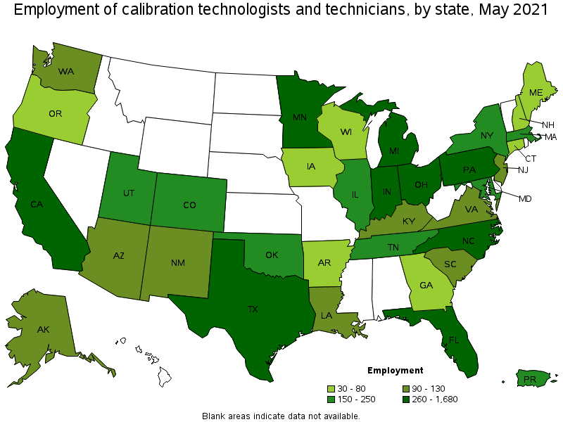 Map of employment of calibration technologists and technicians by state, May 2021