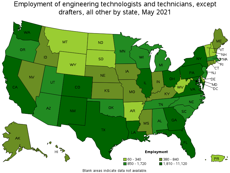 Map of employment of engineering technologists and technicians, except drafters, all other by state, May 2021