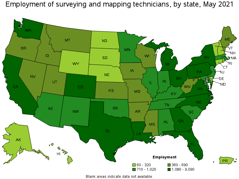 Map of employment of surveying and mapping technicians by state, May 2021