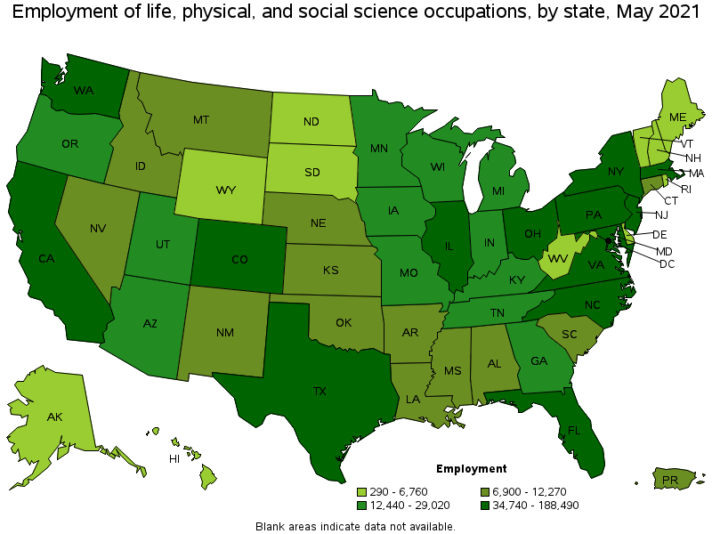 Map of employment of life, physical, and social science occupations by state, May 2021