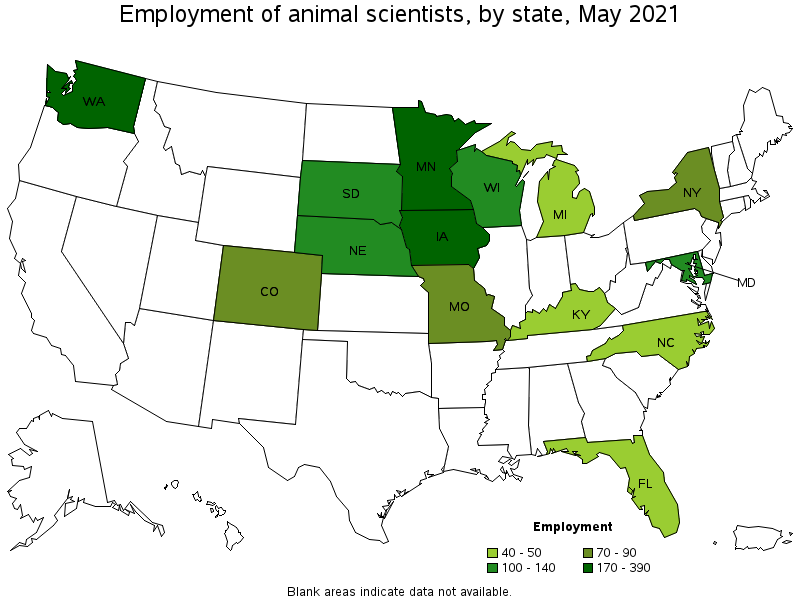 Map of employment of animal scientists by state, May 2021