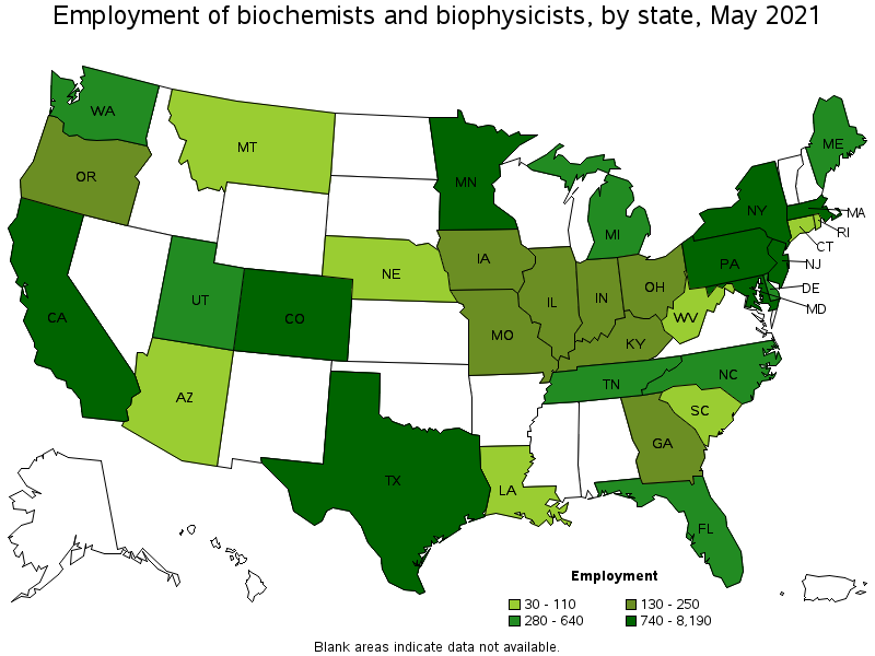 Map of employment of biochemists and biophysicists by state, May 2021
