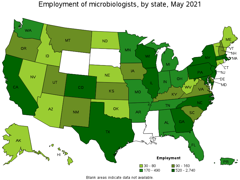 Map of employment of microbiologists by state, May 2021
