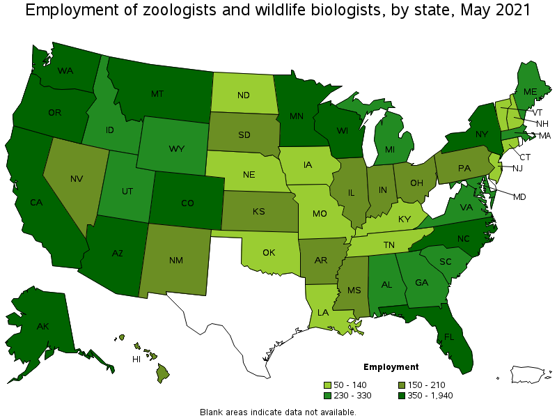 Map of employment of zoologists and wildlife biologists by state, May 2021