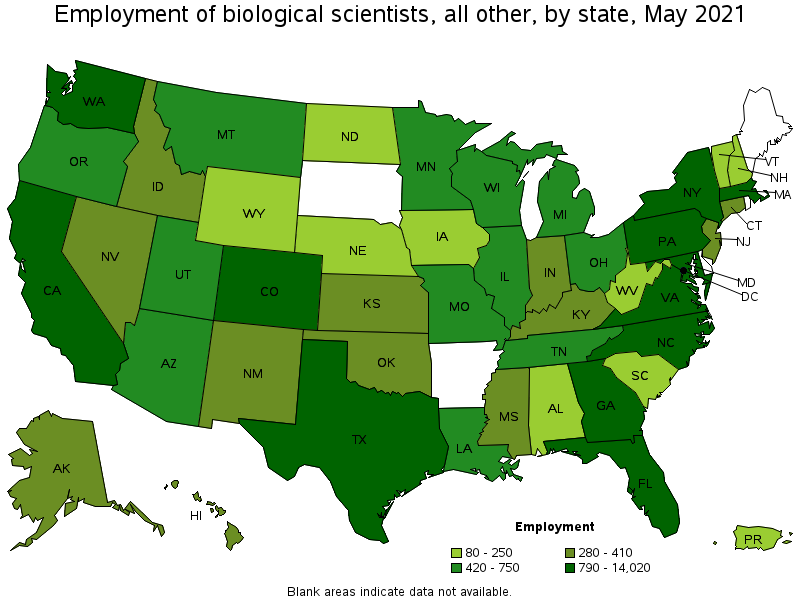 Map of employment of biological scientists, all other by state, May 2021