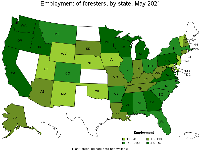 Map of employment of foresters by state, May 2021