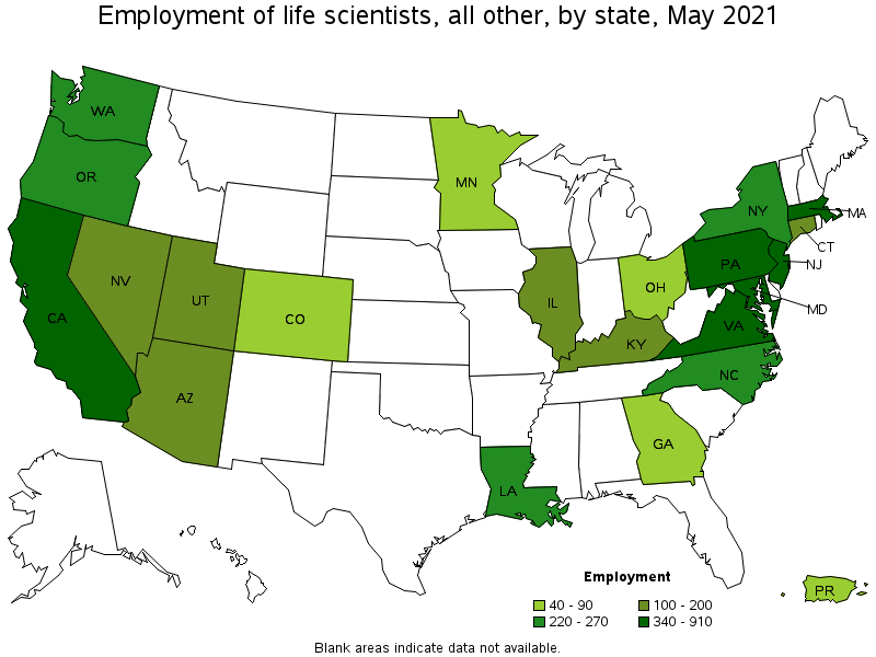 Map of employment of life scientists, all other by state, May 2021