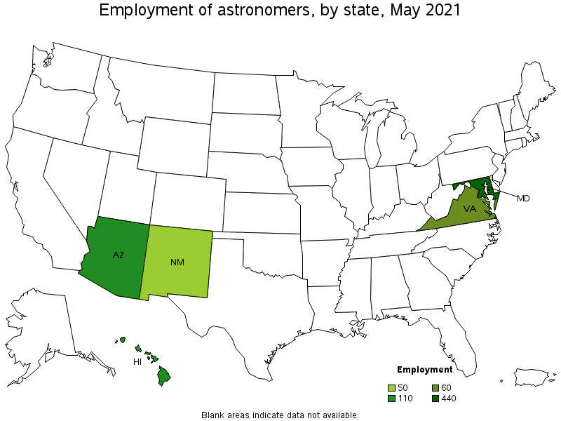Map of employment of astronomers by state, May 2021