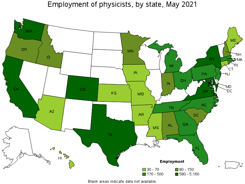 Map of employment of physicists by state, May 2021