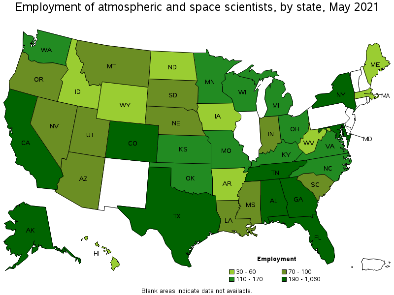 Map of employment of atmospheric and space scientists by state, May 2021