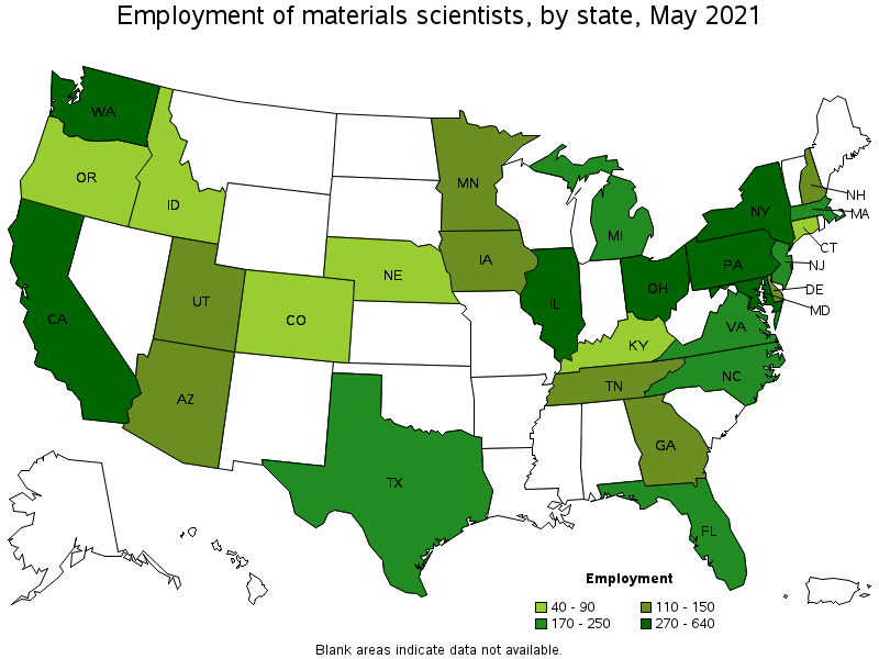 Map of employment of materials scientists by state, May 2021
