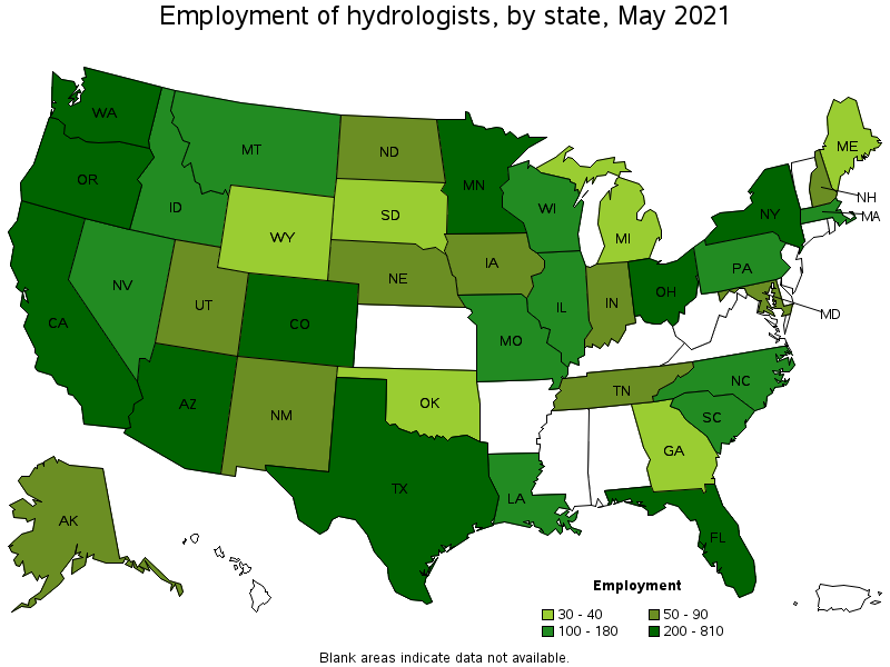 Map of employment of hydrologists by state, May 2021