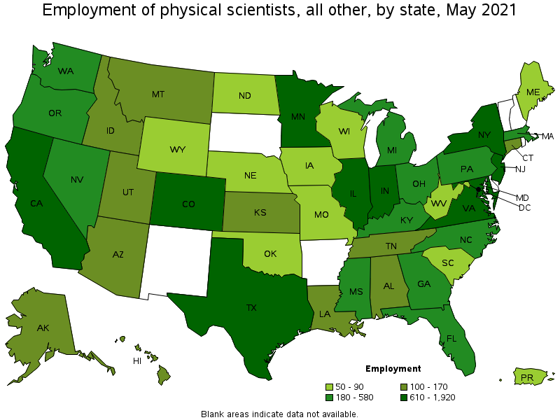 Map of employment of physical scientists, all other by state, May 2021