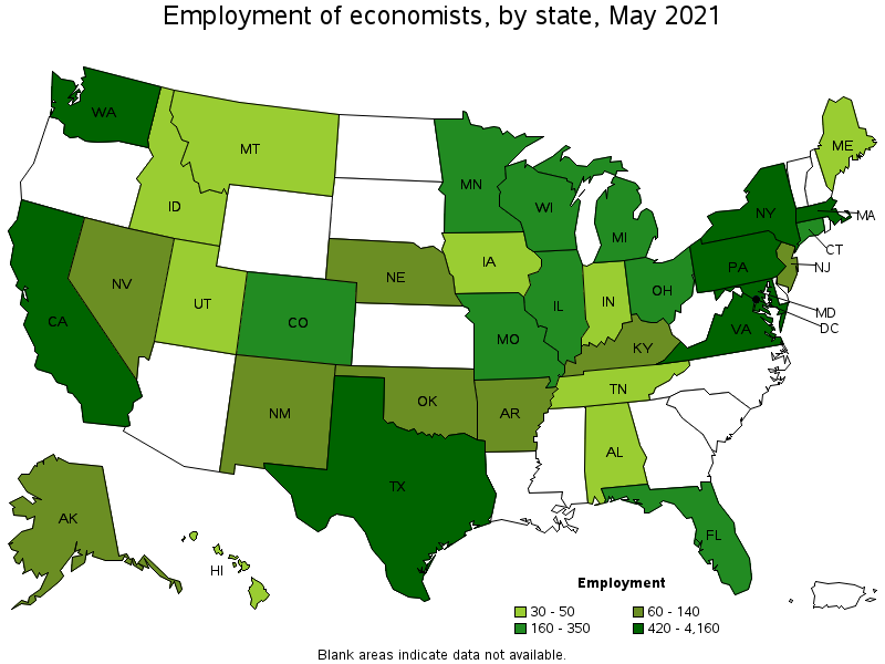 Map of employment of economists by state, May 2021