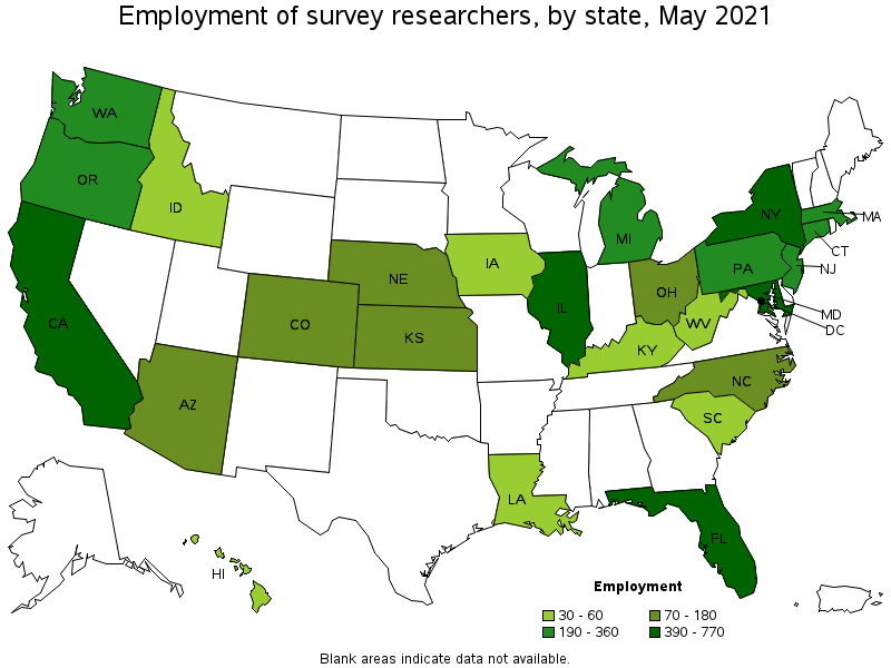 Map of employment of survey researchers by state, May 2021