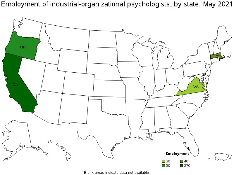 Map of employment of industrial-organizational psychologists by state, May 2021