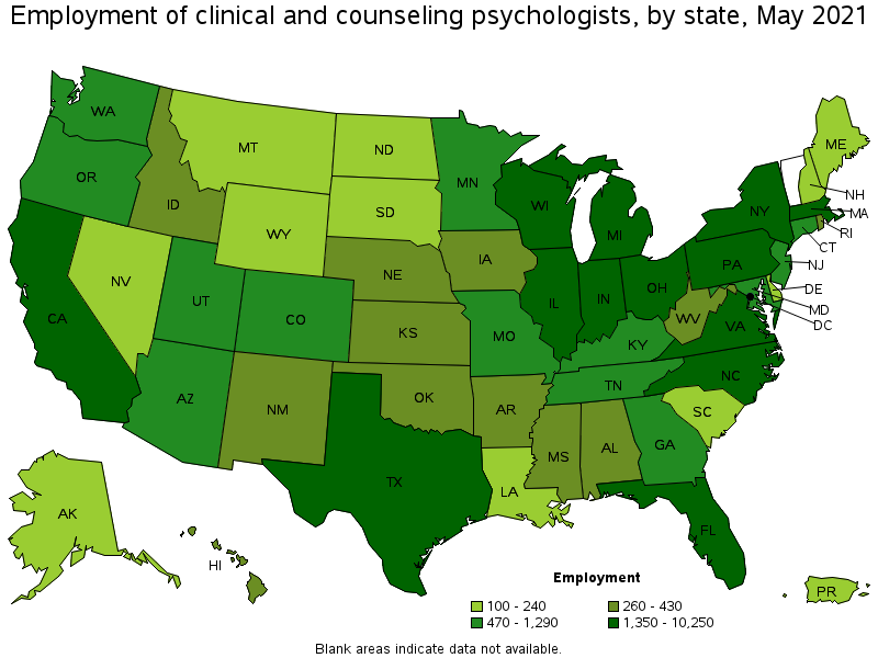 Map of employment of clinical and counseling psychologists by state, May 2021